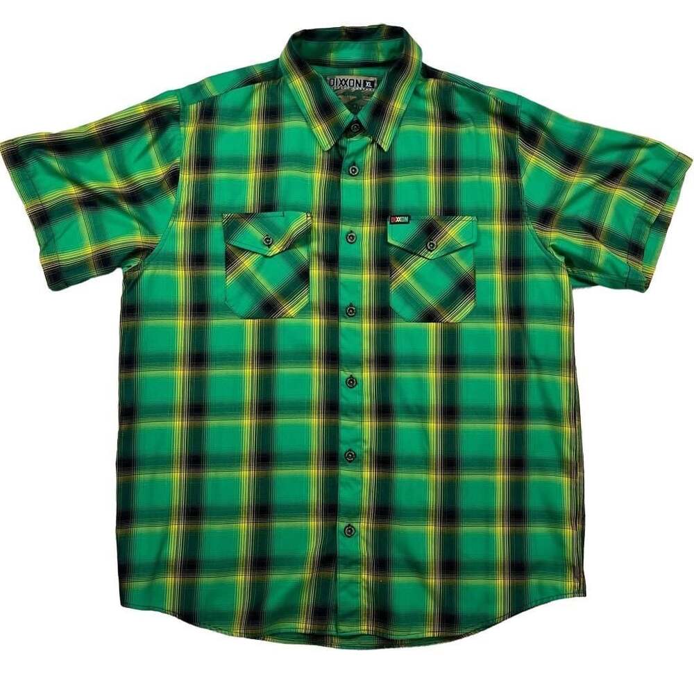 Dixxon Kingston Short Sleeve Bamboo Blend Button-Up Shirt Green Plaid Men's XL